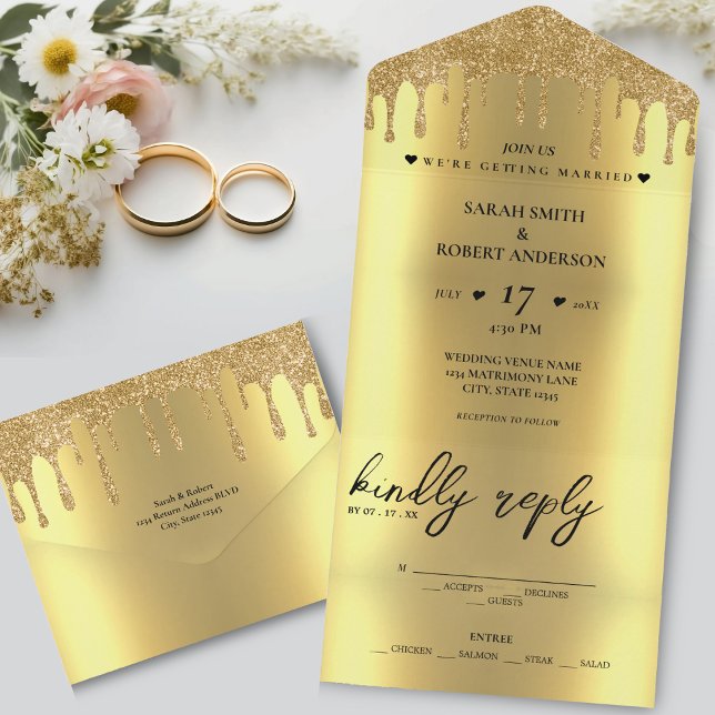 Gold Glitter Drip Wedding All In One Invitation (Gold Glitter Drip Wedding All In One Invitation)