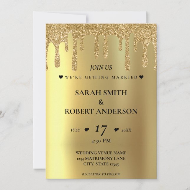 Gold Glitter Drip Wedding Invitation (Front)