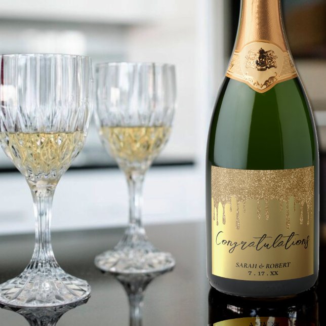 Gold Glitter Drip Wedding Sparkling Wine Label (Gold Glitter Drip Wedding Sparkling Wine Label)