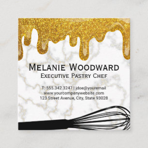 Gold Glitter Drip White Marble and Whisk Square Business Card