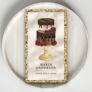 Gold Glitter Dripping Chocolate Cake Floral Bakery Business Card