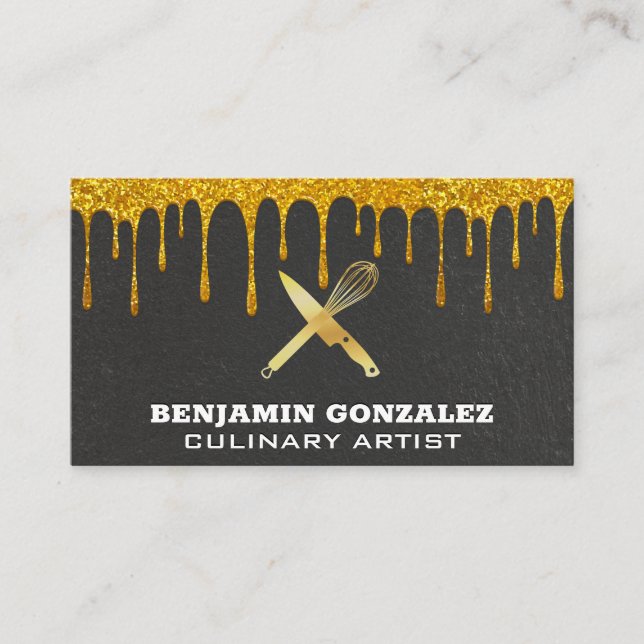 Gold Glitter Dripping | Golden Whisk Knife Business Card (Front)