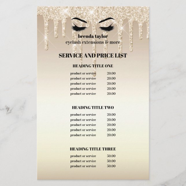 Gold Glitter Dripps EYELASH SALON SERVICE LIST   Flyer (Front)