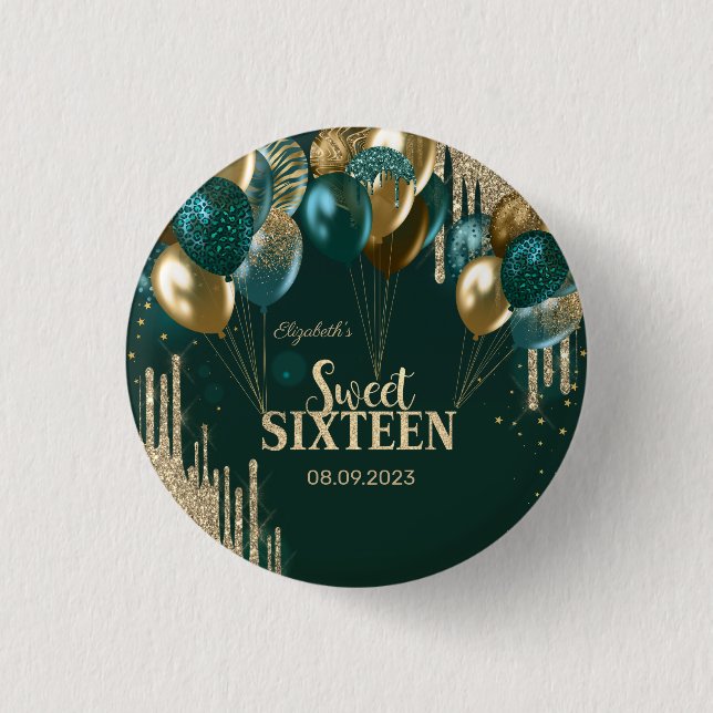  Gold Glitter Drips Balloons Green Sweet 16 3 Cm Round Badge (Front)