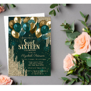  Gold Glitter Drips Balloons Green Sweet 16 Invitation