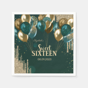  Gold Glitter Drips Balloons Green Sweet 16 Napkin