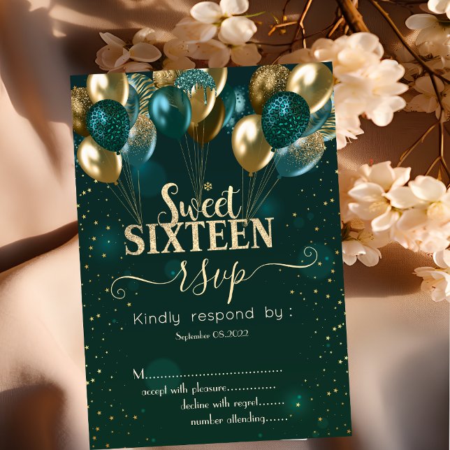 Gold Glitter Drips Balloons Green Sweet 16 RSVP  Invitation (Creator Uploaded)