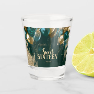 Gold Glitter Drips Balloons Green Sweet 16 Shot Glass