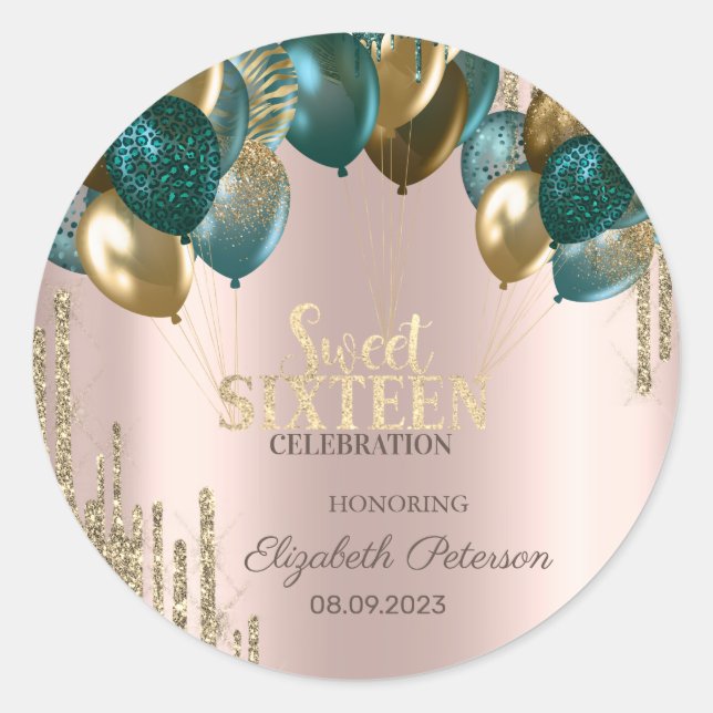  Gold Glitter Drips Balloons Rose Gold Sweet 16 Classic Round Sticker (Front)