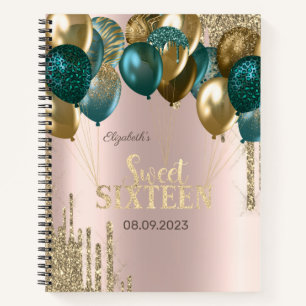 Gold Glitter Drips Balloons Rose Gold Sweet 16 Notebook