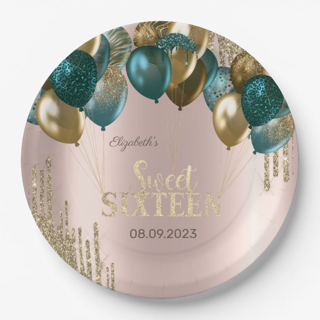  Gold Glitter Drips Balloons Rose Gold Sweet 16 Paper Plate (Front)