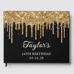 Gold Glitter Drips Black 16th Birthday Guest Book<br><div class="desc">Create your own personalised any year or milestone birthday party guest book for her special event. Customise the font style, colour and drop shadow. Faux sparkly gold dripping glitter digital art graphic image over a customisable solid colour black background. The sparkle and glitter elements in this modern girly design are...</div>