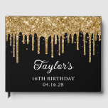 Gold Glitter Drips Black 16th Birthday Guest Book<br><div class="desc">Create your own personalised any year or milestone birthday party guest book for her special event. Customise the font style, colour and drop shadow. Faux sparkly gold dripping glitter digital art graphic image over a customisable solid colour black background. The sparkle and glitter elements in this modern girly design are...</div>