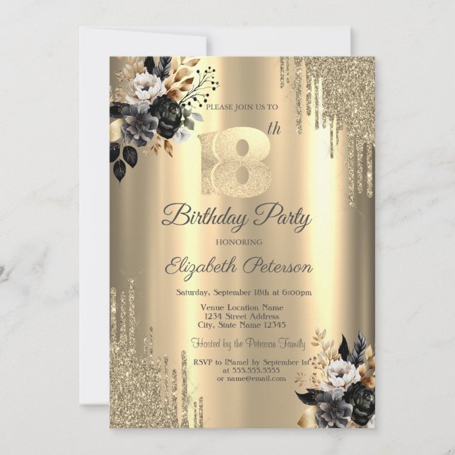 Gold Glitter Drips Black Roses 18th Birthday  Invitation (Front)