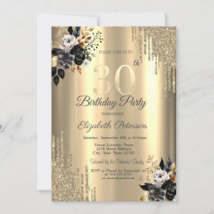 Gold Glitter Drips Black Roses 30th Birthday Invitation