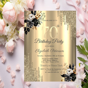 Gold Glitter Drips Black Roses 70th Birthday Invitation