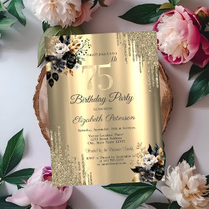 Gold Glitter Drips Black Roses 75th Birthday  Invitation