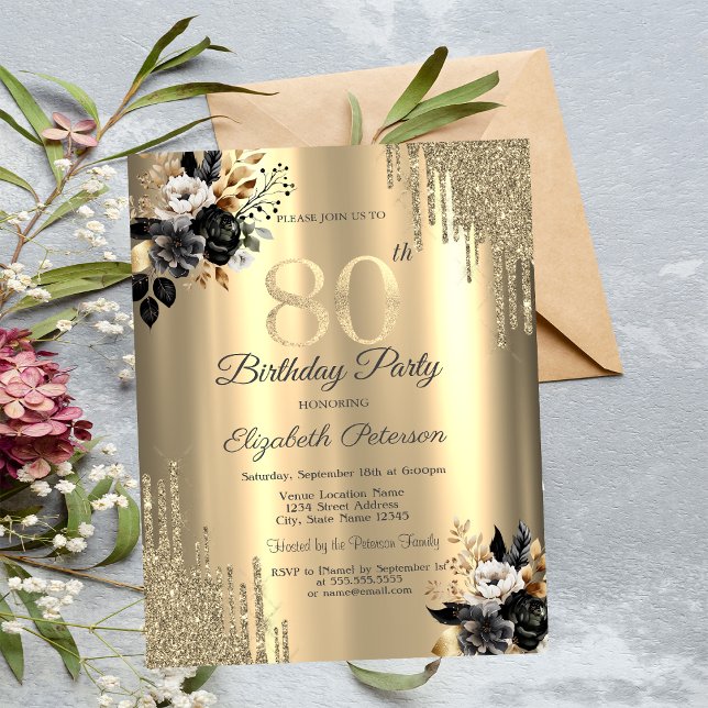 Gold Glitter Drips Black Roses 80th Birthday  Invitation (Creator Uploaded)