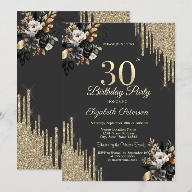 Gold Glitter Drips Black Roses Dark 30th Birthday  Invitation (Front/Back)