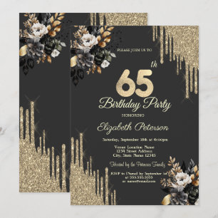 Gold Glitter Drips Black Roses Dark 65th Birthday Invitation