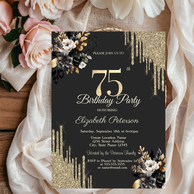 Gold Glitter Drips Black Roses Dark 75th Birthday Invitation (Creator Uploaded)