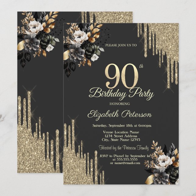 Gold Glitter Drips Black Roses Dark 90th Birthday Invitation (Front/Back)