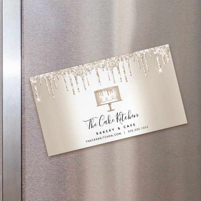 Gold Glitter Drips Cake Bakery Pastry Chef Dessert Magnetic Business Card (Creator Uploaded)