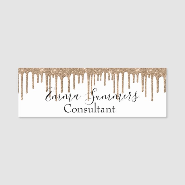 Gold Glitter Drips Custom Consultant Business Name Tag (Front)