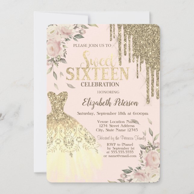  Gold Glitter Drips,Dress,Floral Cream Sweet 16 Invitation (Front)
