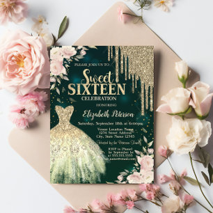  Gold Glitter Drips,Dress,Floral Green Sweet 16 Invitation