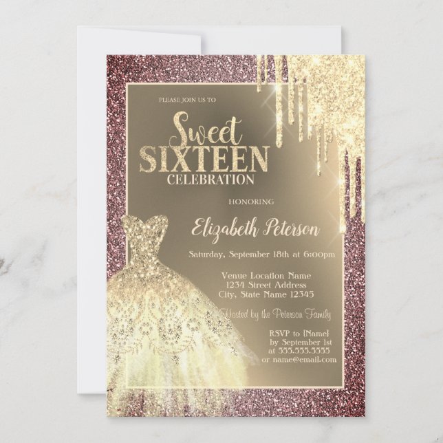 Gold Glitter Drips,Dress Glitter Sweet 16 Invitation (Front)