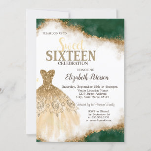 Gold Glitter Drips,Dress Green Glitter Sweet 16 Invitation