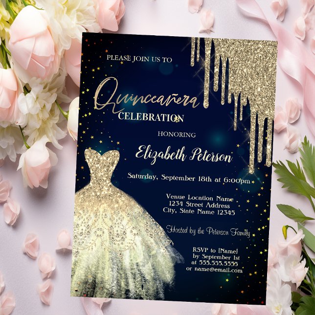  Gold Glitter Drips,Dress Navy Blue Quinceañera Invitation (Creator Uploaded)