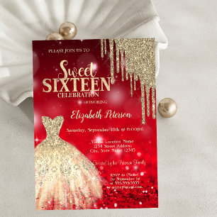 Gold Glitter Drips,Dress Red Bokeh Sweet 16 Invitation
