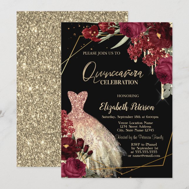 Gold Glitter Drips,Dress Red Roses Quinceañera Invitation (Front/Back)