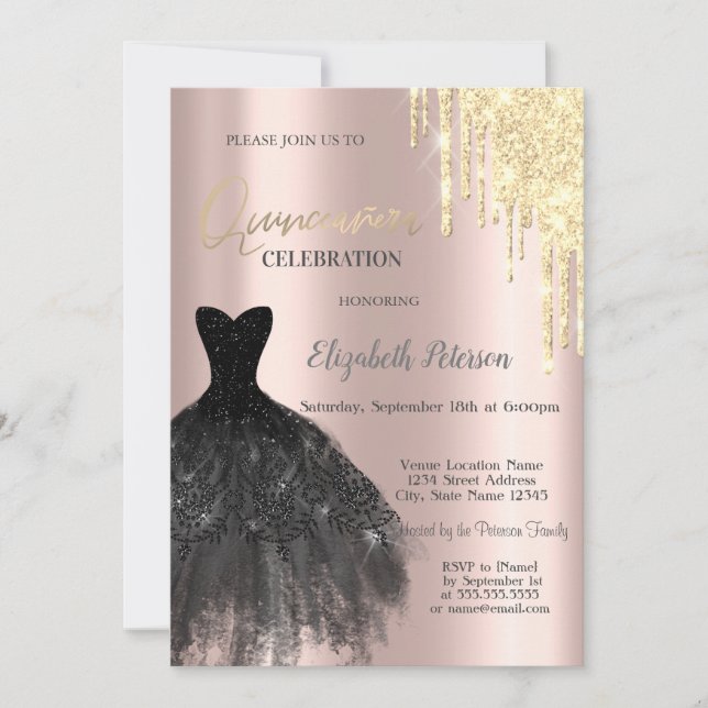  Gold Glitter Drips,Dress Rose Gold 15th Birthday Invitation (Front)