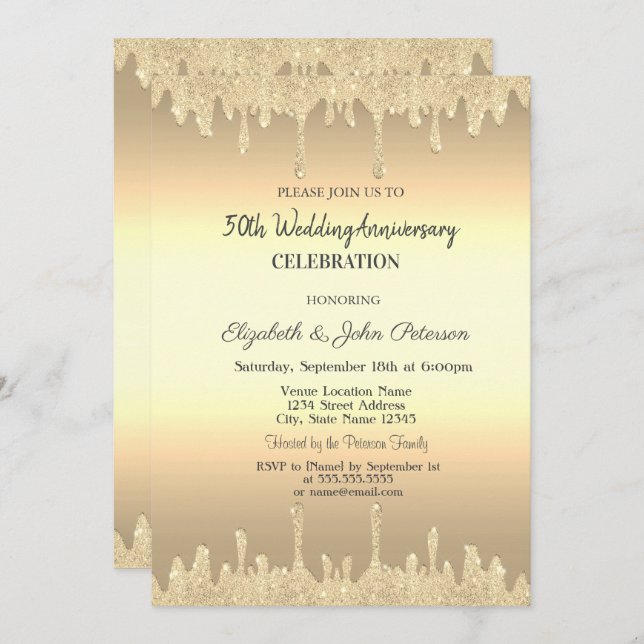 Gold Glitter Drips Gold Wedding Anniversary Invitation (Front/Back)