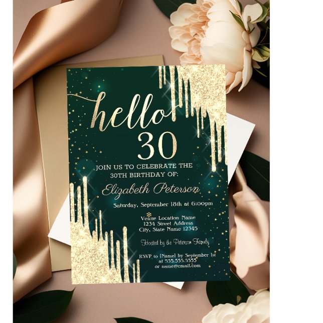 Gold Glitter Drips Green 30th Birthday Invitation (Creator Uploaded)