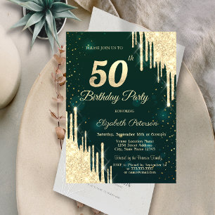 Gold Glitter Drips Green 50th Birthday Invitation