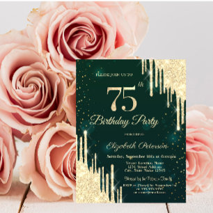 Gold Glitter Drips Green 75th Birthday  Invitation