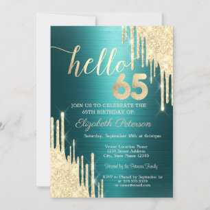 Gold Glitter Drips Green Metallic 65th Birthday Invitation