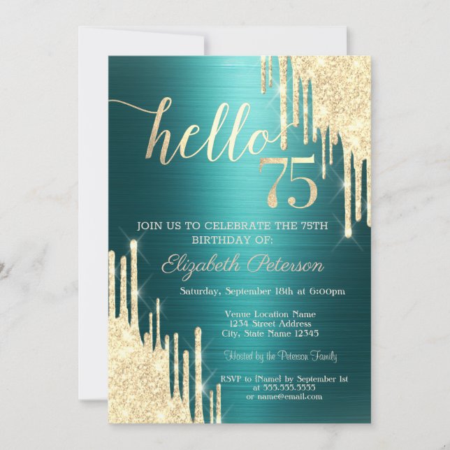 Gold Glitter Drips Green Metallic 75th Birthday Invitation (Front)