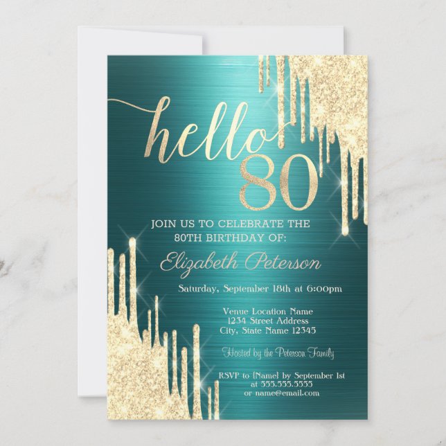 Gold Glitter Drips Green Metallic 80th Birthday Invitation (Front)