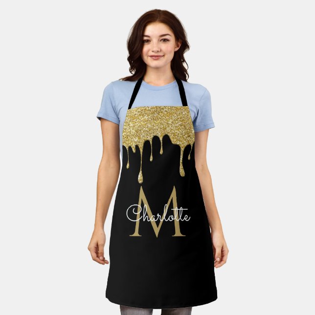 Gold Glitter Drips Monogram Elegant Girly Script Apron (Worn)