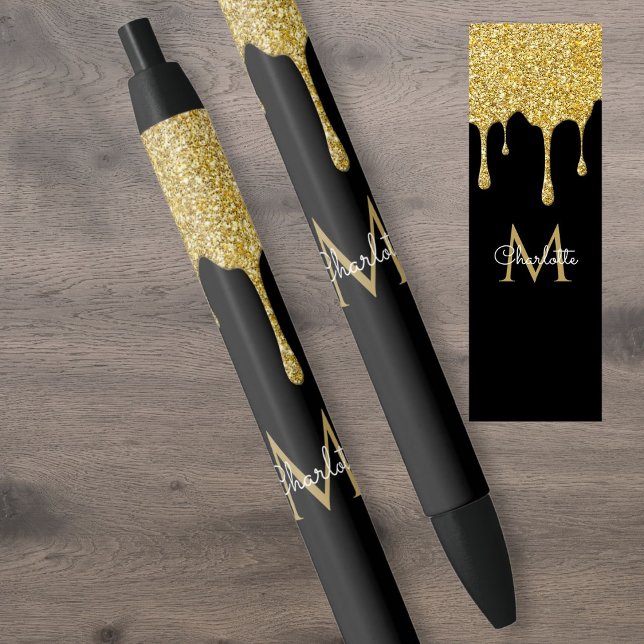 Gold Glitter Drips Monogram Elegant Girly Script Black Ink Pen (Gold Glitter Drips Monogram Elegant Girly Script Pen)