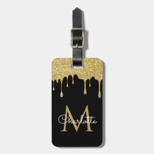 Gold Glitter Drips Monogram Elegant Girly Script Luggage Tag