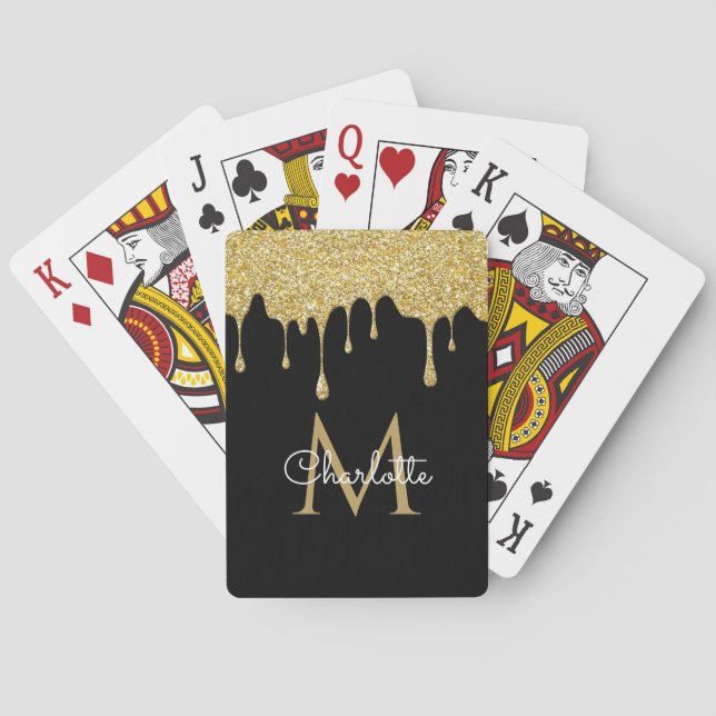 Gold Glitter Drips Monogram Elegant Girly Script Playing Cards (Back)