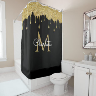 Gold Glitter Drips Monogram Elegant Girly Script Shower Curtain