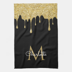 Gold Glitter Drips Monogram Elegant Girly Script Tea Towel
