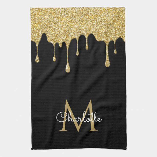 Gold Glitter Drips Monogram Elegant Girly Script Tea Towel (Vertical)
